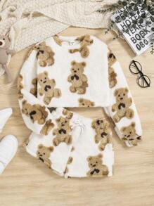 SHEIN Leap Crew 女大童小熊印花前繫帶法蘭絨睡衣套裝 - 白色 - 查看 1