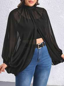 Calvaya Plus Lantern Sleeve Open Front Chiffon Top - Black - View 6