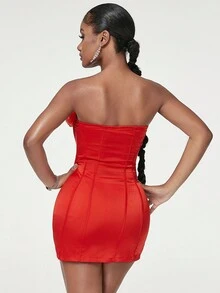 3D Rosette Ruched Satin Tube Bodycon Dress - Red - View 2
