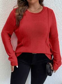 SHEIN LUNE 大碼接縫細節套頭毛衣 - 紅色 - 查看 6