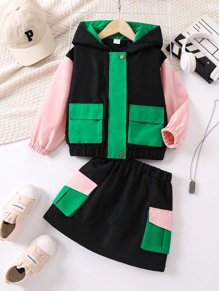 Young Girl Colorblock Flap Pocket Hooded Jacket & Skirt
