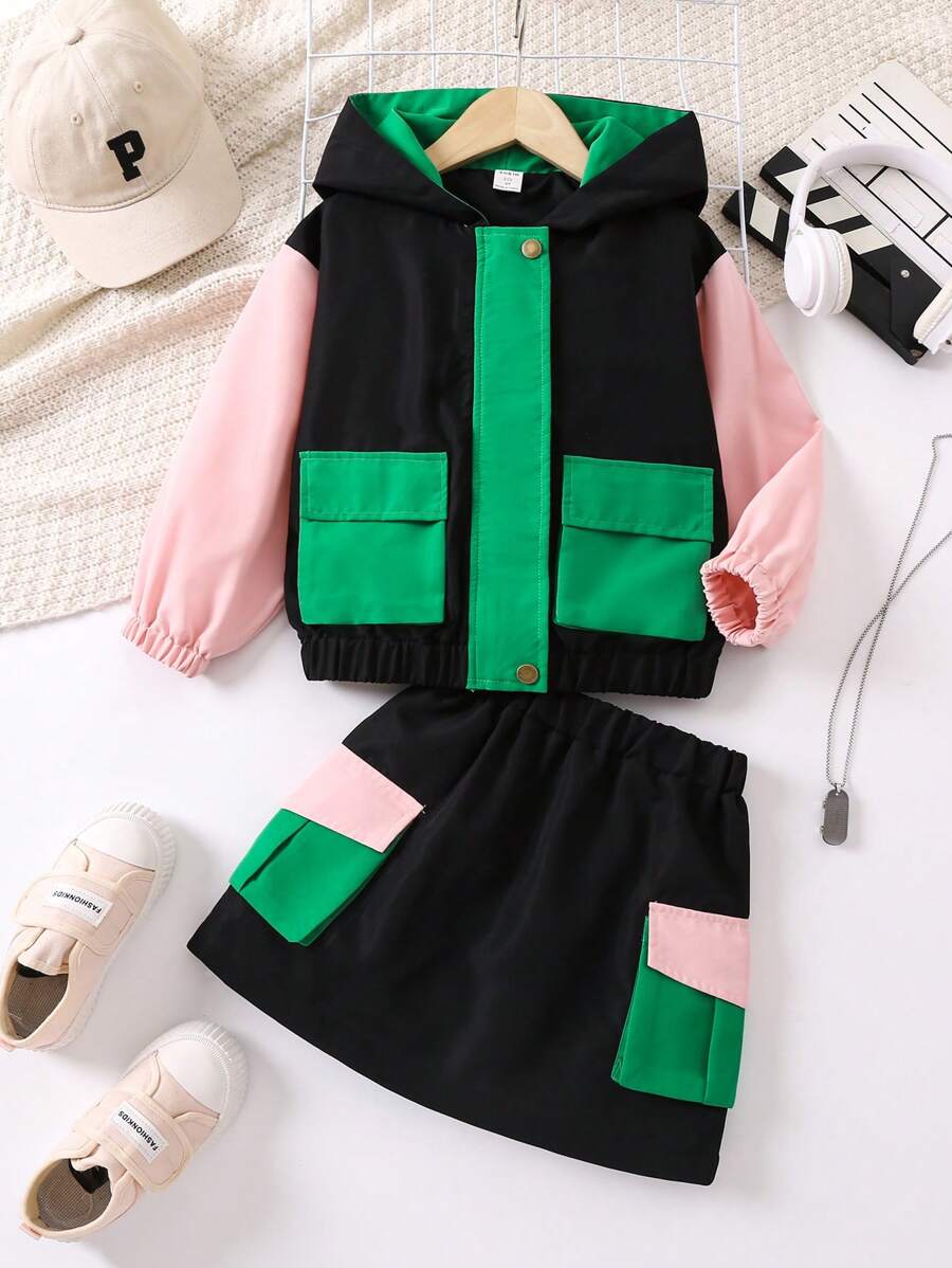 SHEIN Chica Joven Cazadora de color combinado con bolsillo con solapa con capucha & Falda