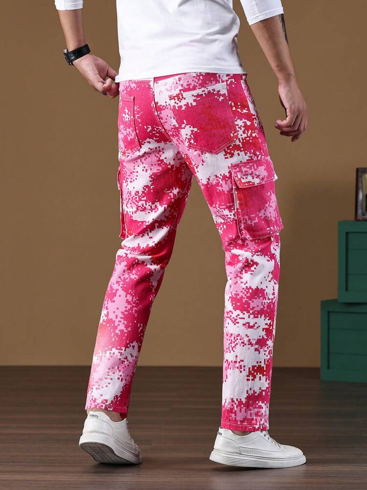 Men Camo Print Flap Pocket Side Cargo Jeans