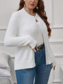 SHEIN Clasi 大碼開門襟絨毛針織開襟衫 - 白色 - 查看 4