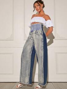 Denimoi Jeans de pierna ancha con cintura alta, bolsillos sesgados y bloques de color apilados - Azul - Ver 3