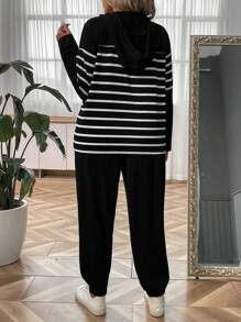 SHEIN LUNE Plus Striped Print Hoodie & Sweatpants - Black - View 2