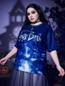 Corpse Bride | ROMWE Plus Letter & Figure Graphic Drop Shoulder Tee - Navy Blue - View 3