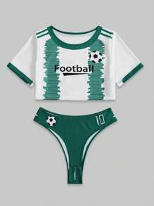 ROMWE Anime Letter Graphic Contrast Binding Lingerie Set - Green - View 1