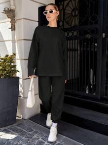SHEIN Cottnline 纯色落肩运动衫和运动裤 - 黑色 - 查看 3