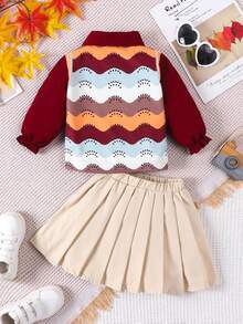 Baby Girl Chevron Print Flare Sleeve Shirt & Pleated Skirt - Multicolor - View 2