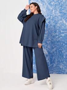 Mulvari Plus Mock Neck Drop Shoulder Split Hem Top & Wide Leg Pants - Navy Blue - View 4