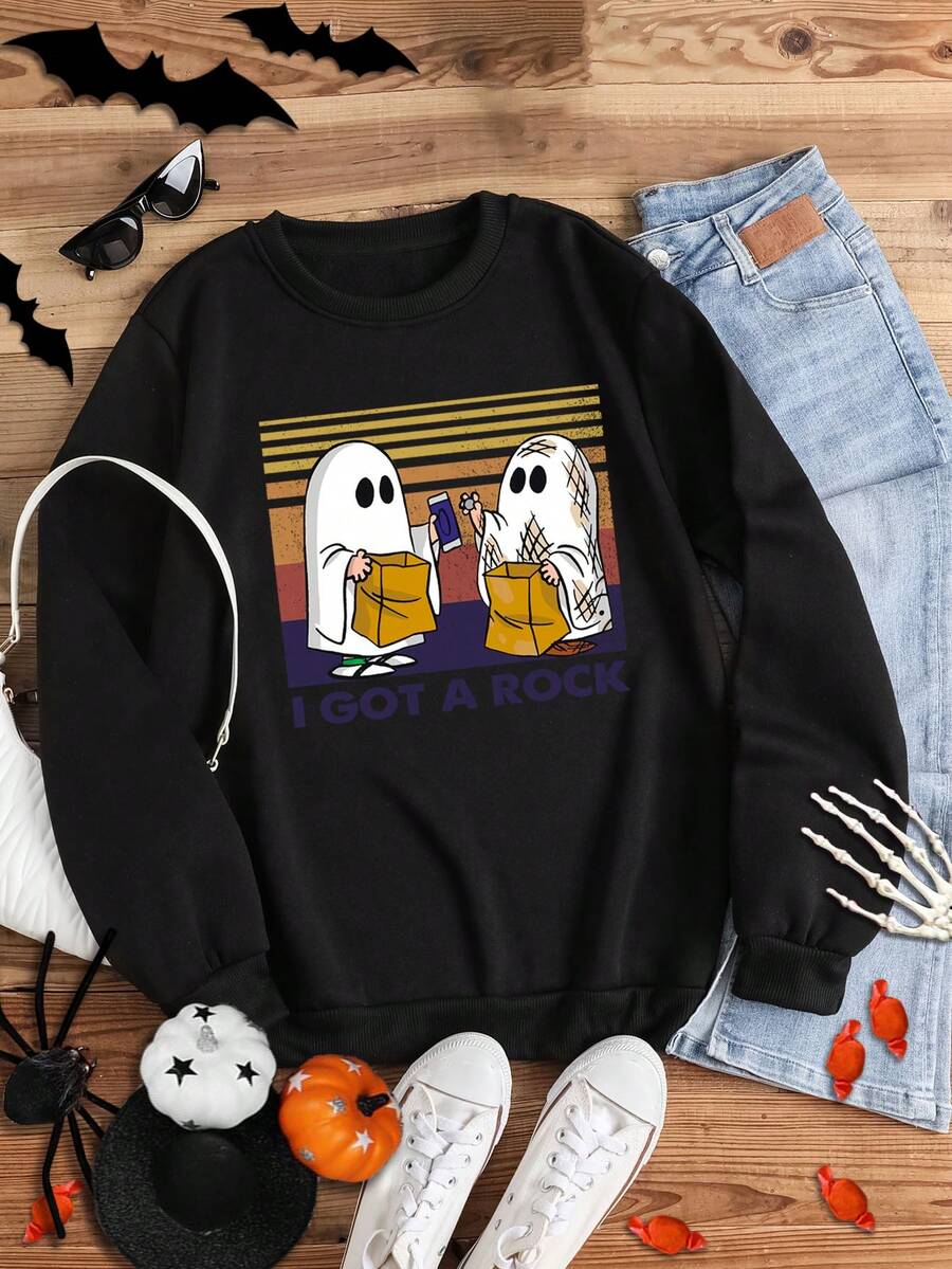 SHEIN LUNE 萬聖印花運動衫 - 黑色 - 查看 1