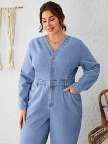 SHEIN LUNE 大碼前紐扣闊腿牛仔連身褲 - 淺色水洗藍 - 查看 5