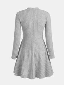少女针织纯色罗纹小立领开袖长袖连衣裙 - 灰色 - 查看 2
