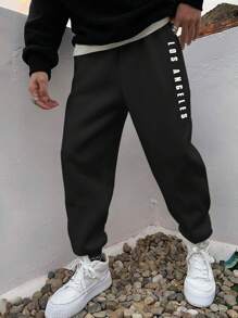 Manfinity Homme 男款寬鬆字母印花束口腰運動長褲 - 黑色 - 查看 1