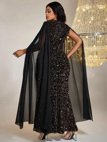 Plus Cloak Sleeve Sequin Dress - Black - View 2