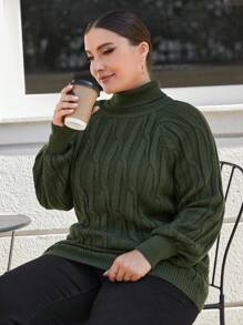 RueChic Plus Turtleneck Raglan Sleeve Cable Knit Sweater - Green - View 4