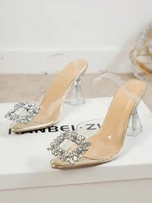 Women's Rhinestone Decorated Vacation High Heel Pumps, New 2023 Crystal Heeled Pointed Toe Shoes With Bowknot, Glitter Sexy Club Party Wedding Shoes - Gold - View 4