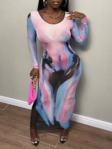 Slaydiva Tie Dye Mesh Bodycon Dress - Multicolor - View 5