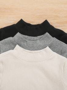 SHEIN 3入組純色休閒寶寶女孩高領條紋針織t恤,全配風格