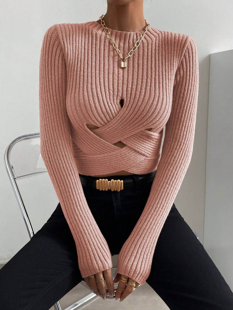 SHEIN Essnce Crisscross Cut Out Ribbed Knit Sweater - Dusty Pink - View 1