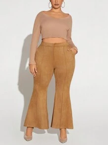 SHEIN SXY Plus High Waist Flare Leg Pants - Khaki - View 5