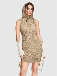 ROMWE Grunge Punk Abito aderente monocolore coulisse laterale plissettato con cappuccio - Cachi - Visualizzare 1