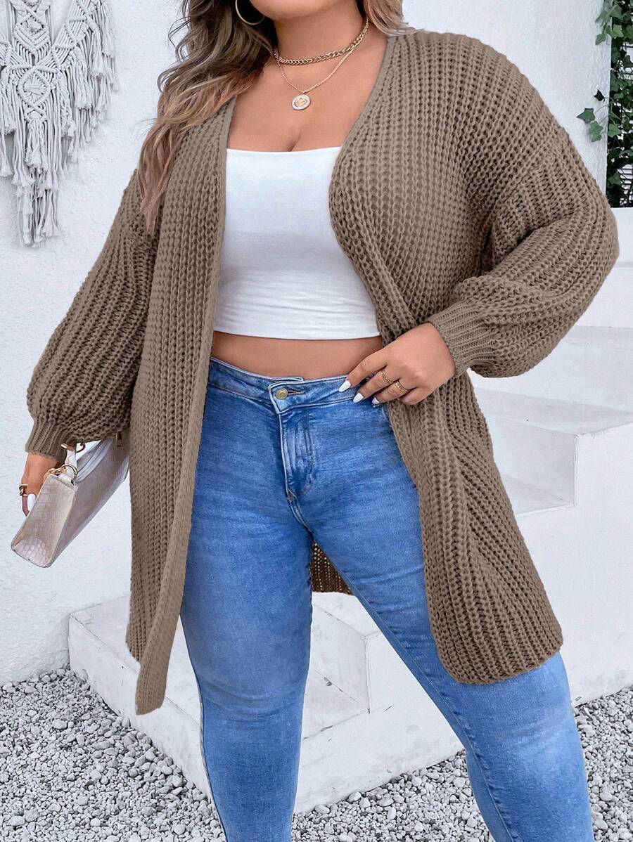 SHEIN CURVE+ Plus Drop Shoulder Duster Cardigan - Coffee Brown - View 1