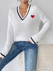 SHEIN Frenchy Thêu trái tim Sọc trang trí Thả vai Áo len - trắng - Xem 5