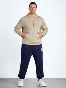 EASEVO Men Plus Letter Graphic Kangaroo Pocket Hoodie - Khaki - View 3