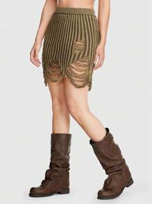 ROMWE Grunge Punk Summer Crochet Solid Ripped Sweater Skirt - Camel - View 4