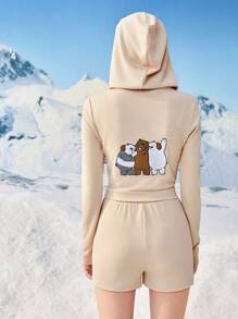 We Bare Bears X SHEIN Letter Graphic Zip Up Hooded Jacket & Shorts - Khaki - View 2
