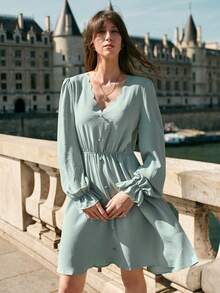 SHEIN Frenchy Flare Sleeve Scallop Trim Button Front Dress - Green - View 6