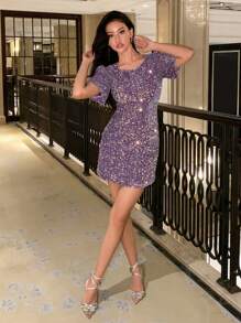 DAZY 泡泡袖亮片紧身连衣裙舞会礼服派对女士返校节礼服 - 紫色 - 查看 4