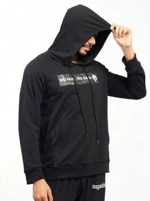 Manfinity Sport Corelite 男士标语图案插肩袖袋鼠口袋抽绳运动卫衣 - 黑色 - 查看 1