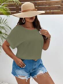 SHEIN Frenchy Plus Solid Batwing Sleeve Tee - Olive Green - View 7