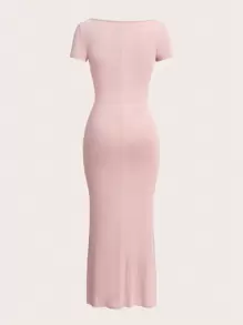 SHEIN EZwear Women's Solid Color Square Neck Short Sleeve Fitted Knit Dress - Dusty Pink - View 3