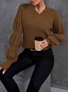 SHEIN Clasi 纯色罗纹针织落肩套头衫秋冬毛衣 - 棕色 - 查看 4