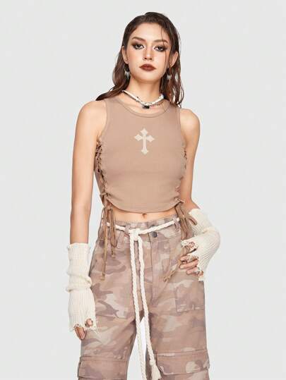 Cross Print Lace Up Side Tank Top