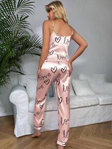 Heart & Letter Graphic Satin PJ Set / Pajama Set - Baby Pink - View 2