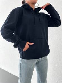 EURMUSE 100%纯棉休闲纯色口袋抽绳连帽衫 - 藏蓝色 - 查看 5