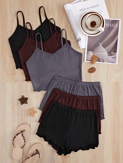 3pcs Lettuce Trim Cami Top & 3pcs Shorts Lounge Set Outfit