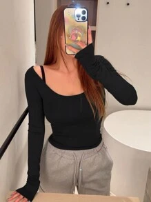 DAZY 二合一露肩T恤，秋季服装长袖女式上衣 - 黑色 - 查看 5