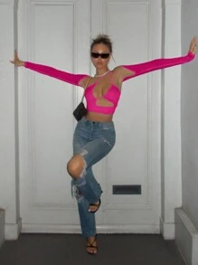 SHEIN ICON Cut Out Front Crop Top - Hot Pink - View 4