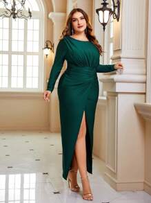 SHEIN Belle 大碼前收褶高衩洋裝 - 水鴨藍 - 查看 6