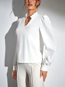 SHEIN Tall 素色缺口V領泡泡袖襯衫 - 白色 - 查看 6