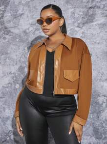 SHEIN SXY Plus Flap Detail Drop Shoulder Mixed Media Jacket - Brown - View 1