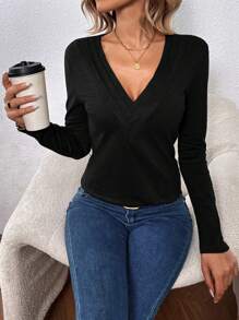 SHEIN LUNE Solid V Neck Tee - Black - View 3