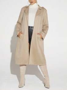 SHEIN SXY Plus Lapel Neck Open Front Coat - Khaki - View 1