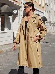 SHEIN Đôi ngực Thắt lưng Áo khoác Trench - Màu Khaki - Xem 5